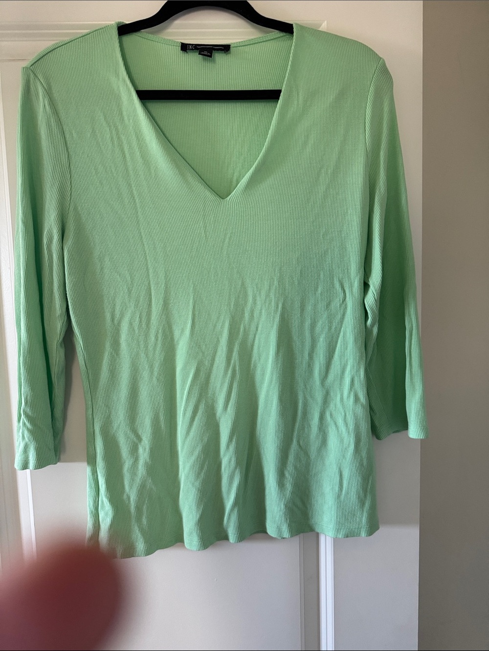 INC International ConceptsRibbed  Mint Green V-Neck Long Sleeve Top